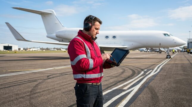 A professional aviation ground crew member in a crimson safety jacket and earmuffs uses a digital tablet for aircraft inspection and diagnostics on a sunny runway in front of a private jet.
