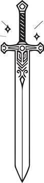 An intricate, ornate, black and white illustration of a historically inspired sword, with detailed engraving and design. 
