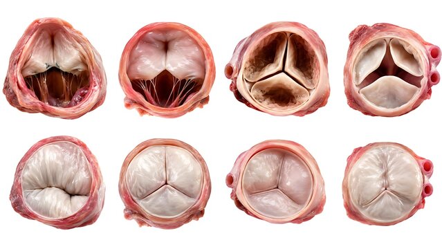 Human heart valves anatomy cross section showing open and closed stages of mitral, tricuspid, aortic, and pulmonary valves isolated on white background, generative AI