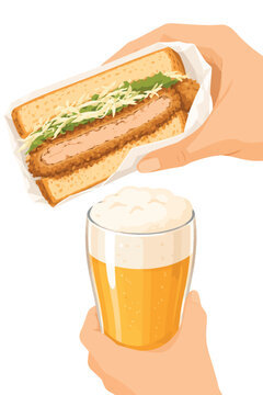 Vsai hands holding katsu sando sandwich and glass of beer