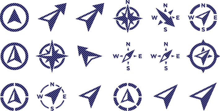 Minimalist navigation arrow icons, 18 compass rose vector elements, blue map pointer symbols for travel and wayfinding interface design isolated on White Background