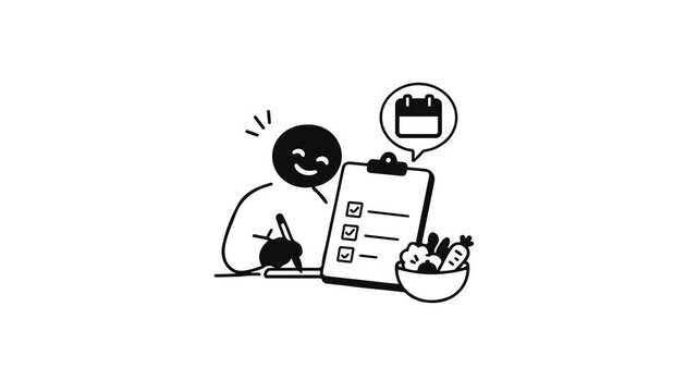Animated stick figure writing a healthy meal plan or checklist next to a bowl of fresh vegetables and a calendar schedule icon.