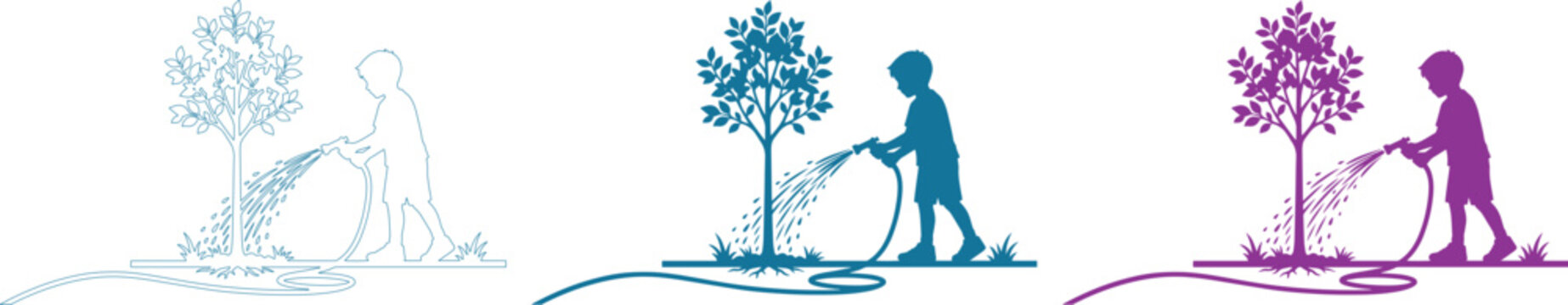 Minimalist child watering tree silhouette vector, young gardener caring for sapling with hose, environmental conservation and nature growth concept isolated on White Background