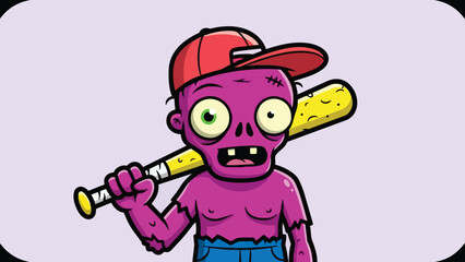 Naklejka premium Cartoon Zombie Baseball Player with Bat and Cap.