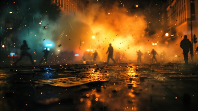 A dramatic wide cinematic shot of a burning city street at night during a violent riot, featuring smoke, fire, and police emergency lights.