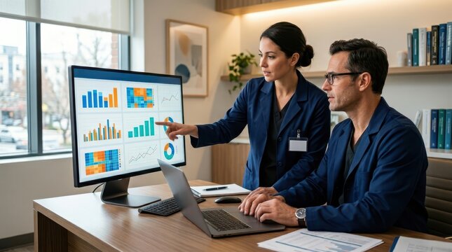 Two healthcare professionals in navy lab coats analyzing medical coding data and analytics on a computer monitor in a modern office, collaborating on clinical audit results.