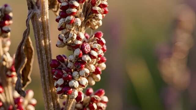 Close up of ripe red and white sorghum grains on a stalk in a field at sunset.