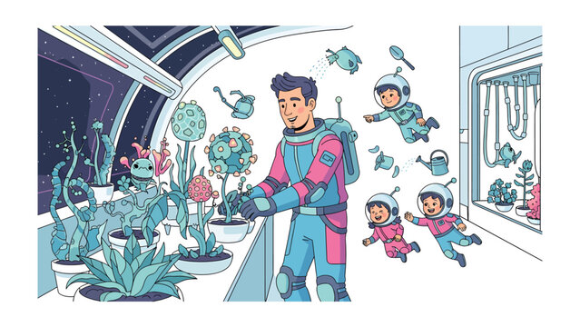 Interstellar Garden: An astronaut tending a futuristic garden with whimsical, alien flora, as space-suited children frolic nearby.
