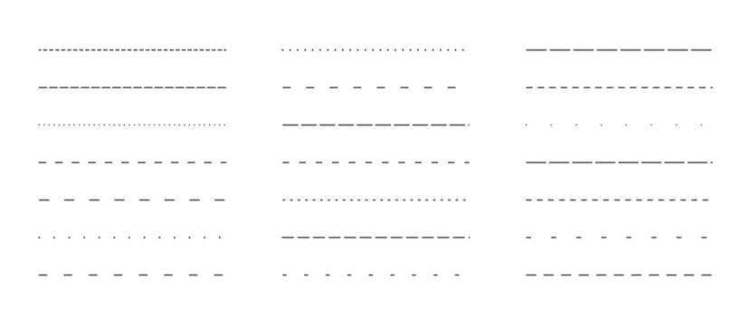 Dashed and dotted lines set. Straight contour divider, border. Horizontal simple stroke collection. Separate and divide element bundle for banner, booklet, for flyer, poster, brochure,