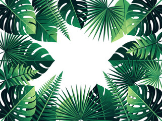 Tropical Jungle Leaves Frame Background with Monstera, Palm and Fern Foliage © Salsa