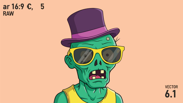 Cartoon Zombie Character with Top Hat and Sunglasses.