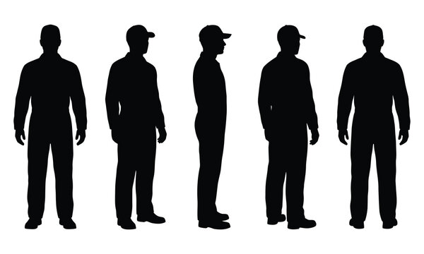 Set of silhouettes of a man in a cap and work uniform in various standing poses isolated.