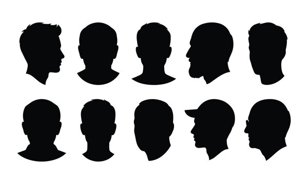 Set of ten black male head silhouettes showing various angles and different hairstyles.