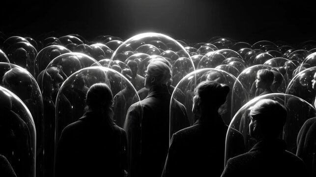 Metaphorical representation of digital echo chambers showing people trapped in glowing globes, symbolizing communication disconnect in modern society.