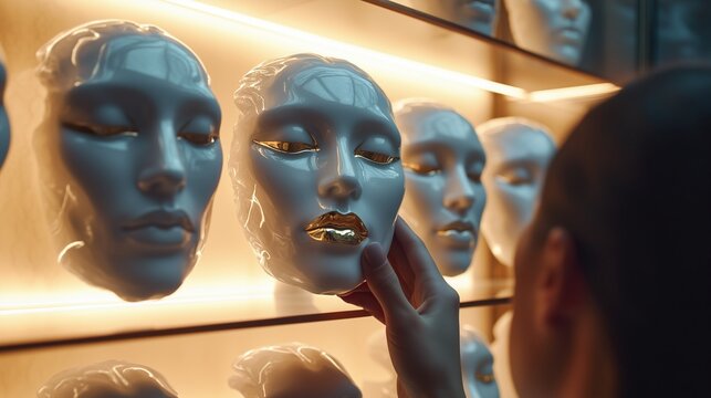 Conceptual image of a person picking an artificial face from many options, representing self-identity loss and social pressure in modern society.
