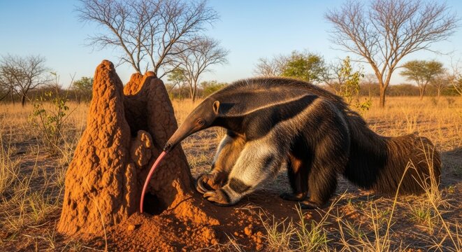 Giant anteater foraging for food at a large termite mound outdoors