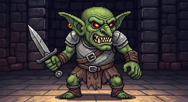 Aggressive green goblin warrior with dagger in a dark fantasy dungeon, menacing monster character illustration