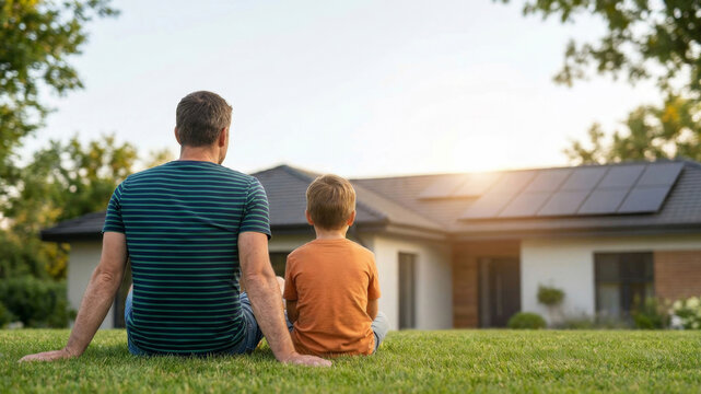Solar panel family father son home lawn hope power clean future sunset solar panel family. Sustainable renewable green energy. eco environment nature earth, future innovation development growth
