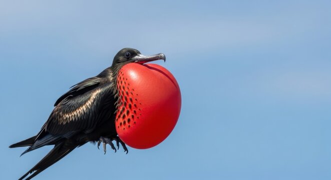 Great frigatebird male displaying its bright red gular sac in flight