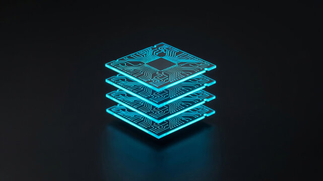 Microchip circuit technology layers glowing data processor motherboard neon cyber security.Quantum computing innovation. futuristic semiconductor chips, motherboard processor circuit, light