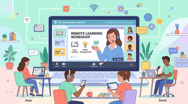 Online learning, remote education, virtual classroom, e-learning, people, nobody visible in foreground, students with laptops