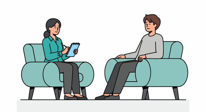 Illustration of a woman and man sitting on separate teal couches, engaged in conversation with a tablet in a simple, modern setting.