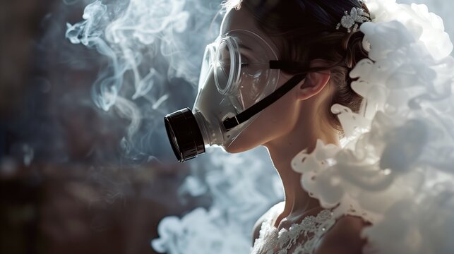 Conceptual representation of a woman protecting herself from lethal air pollution with a gas mask, featuring artistic smoke elements.