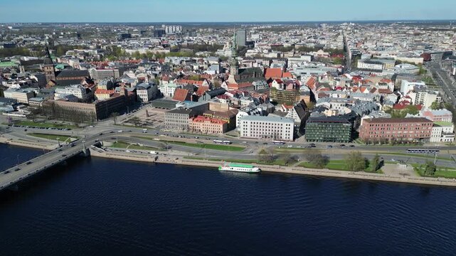 Aerial view of Riga, Latvia over river Daugava