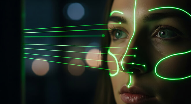 Biometric facial recognition system scanning woman face with green laser beams
