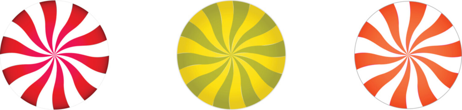  Peppermint Swirl Candy Icons Set in Red Yellow and Orange Vector Illustration