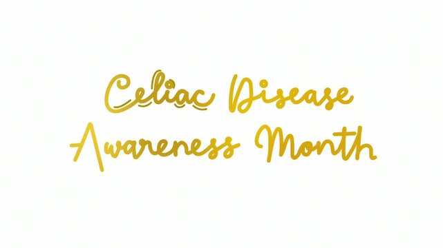 celiac disease awareness month One line continuous animated typography intro outro animation video, hand drawn calligraphy lettering monoline vintage text line art golden type on white background bg