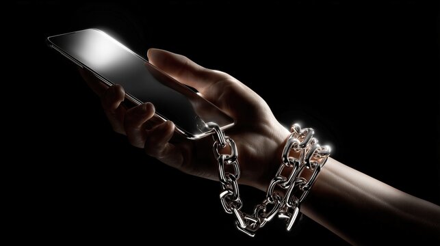 Conceptual image of a hand tied to a smartphone with a heavy steel chain, representing technological prison and obsession.