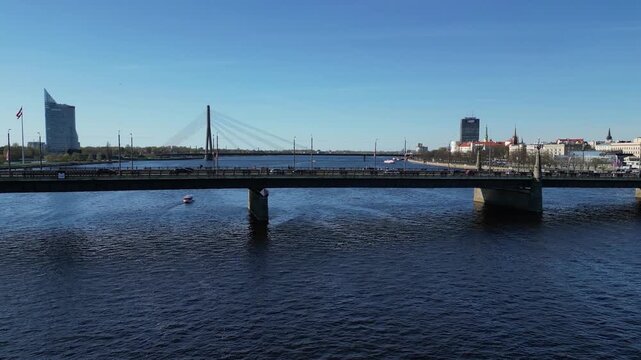 Aerial view of Riga, Latvia over river Daugava