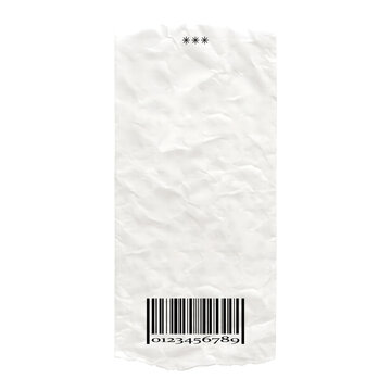 A piece of crumpled white paper featuring three black asterisks at the and a black barcode with the numerical sequence zero one two three four five six seven eight nine