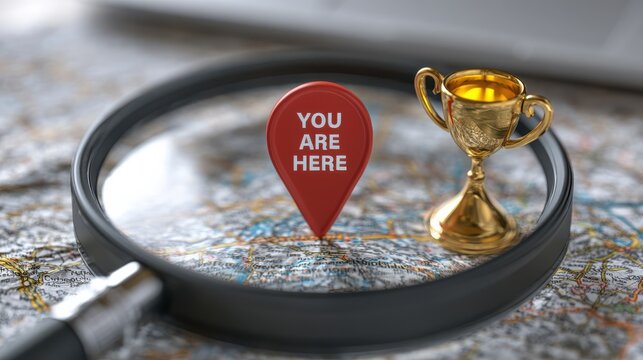 A magnifying glass highlighting a detailed roadmap with a prominent red location marker.
