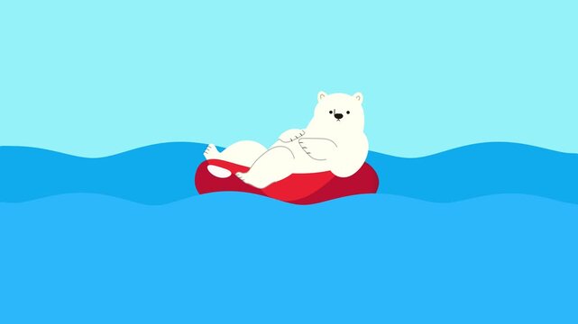 浮き輪に乗った波にゆれるホッキョクグマのループアニメーション
