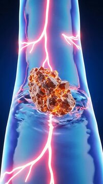 Futuristic 4K Animation of Kidney Stones Forming with Crystalline Structures in a Dynamic Blue Background