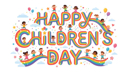 Naklejka premium Happy Children's Day: A vibrant illustration celebrating childhood with a rainbow of happiness, with joyful children around.