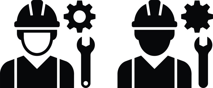 Two construction workers with tools and gears icon