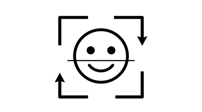 Minimalist Black and White Facial Recognition Icon Featuring a Smiling Face within a Scanning Frame and Arrows Representing Biometric Security Access