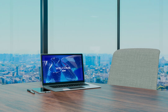 3D laptop office interface in corporate city setting