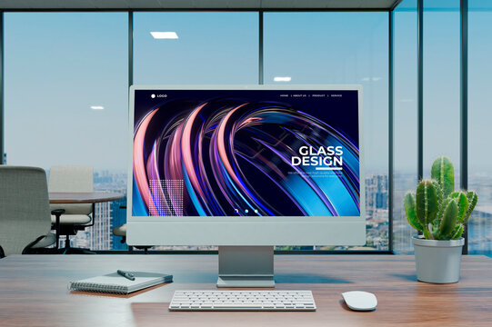 3D glass desktop interface in city office workspace