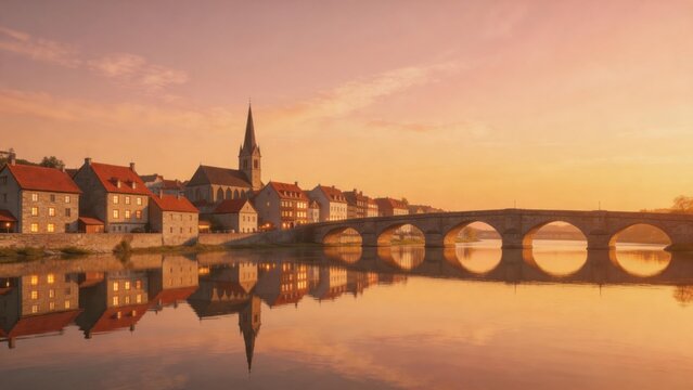 Sunset view of a riverside town with bridge
