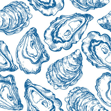 Oysters seamless vector pattern, hand-drawn in ink. Template for seafood labels, fabrics and textiles, and restaurant and cafe menus.