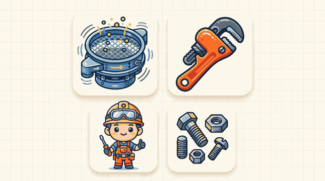 Cartoon plumber with tools and equipment.