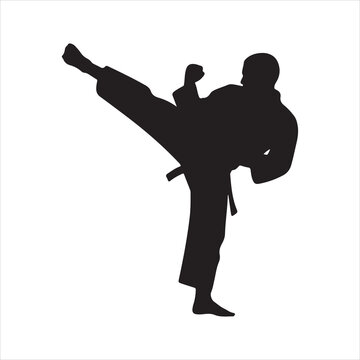 Martial artist performing high kick silhouette flat vector illustration
