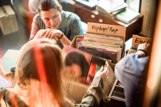 Vintage vinyl records in cozy shop