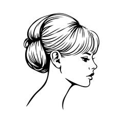Logotipo de salón de belleza. Dibujo minimalista con líneas de la cara de una mujer con pelo recogido, moño bajo y flequillo recto, vista de perfil © teracreonte