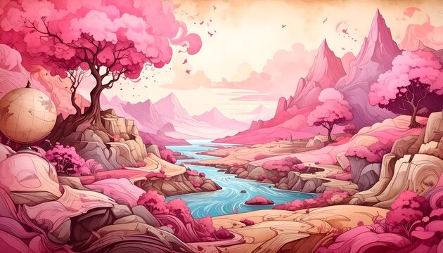 Paisaje ilustrado de fantas&iacute;a con valle rosa, r&iacute;o, &aacute;rboles en flor y monta&ntilde;as al fondo en ambiente sereno