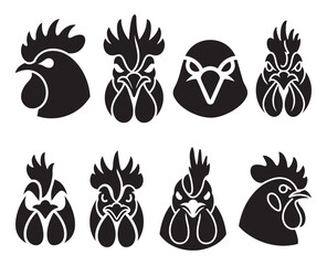 Rooster and chicken head silhouettes, poultry logo icons set, bird face vector. © Toufik